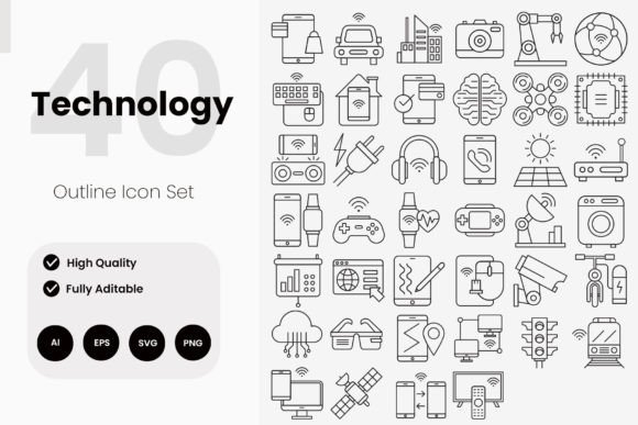 Smart Technology Outline Icons for Embroidery Projects